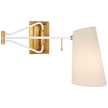 Keil Swing Arm Wall Light in Hand-Rubbed Antique Brass and White with Linen Shade