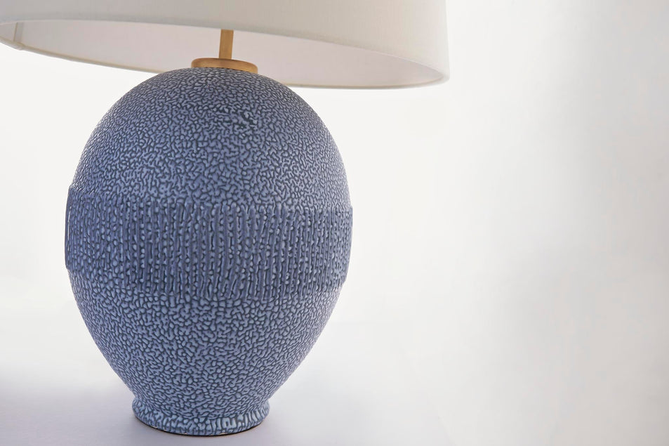 Toulon Table Lamp in Beaded Blue with Linen Shade