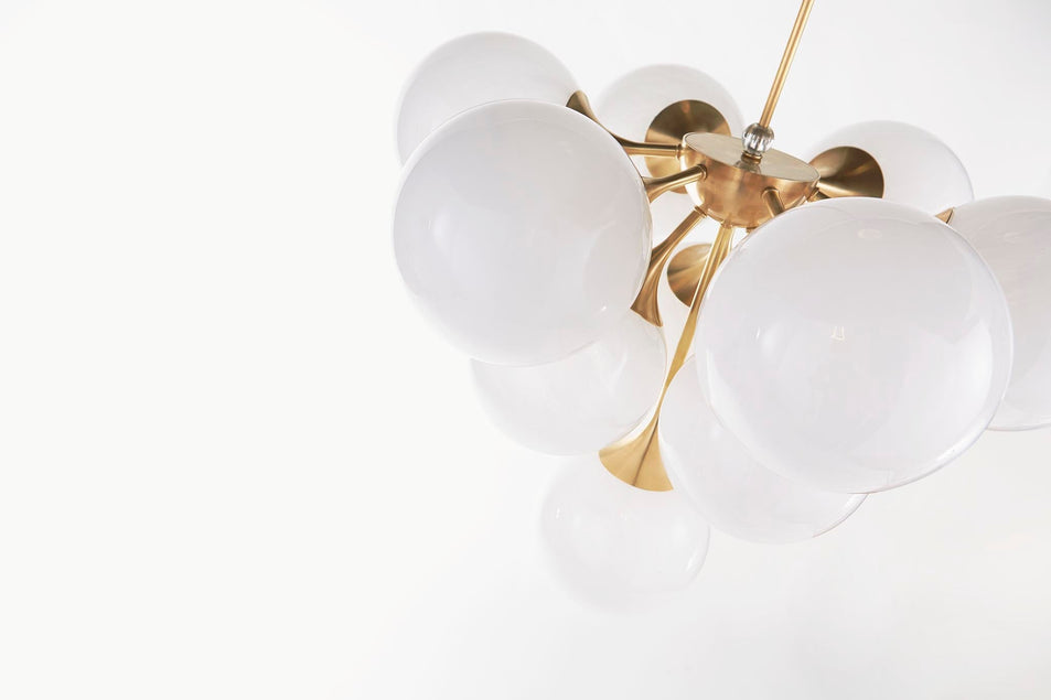 Cristol Tiered Chandelier in Hand-Rubbed Antique Brass with White Strie Glass