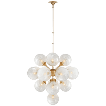 Cristol Large Tiered Chandelier in Hand-Rubbed Antique Brass with White Strie Glass