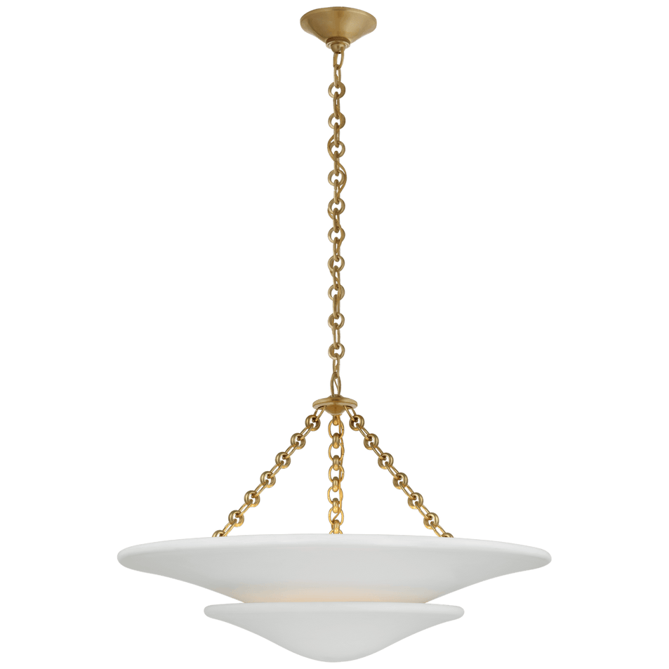 Mollino Medium Tiered Chandelier in Hand-Rubbed Antique Brass with Plaster White Shade