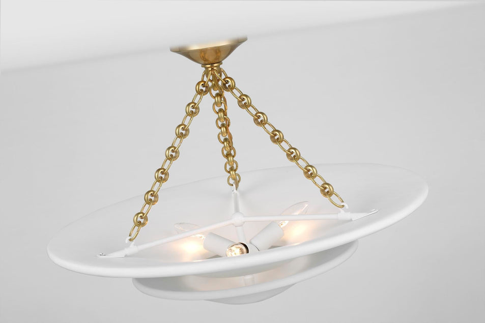 Mollino Medium Tiered Chandelier in Hand-Rubbed Antique Brass with Plaster White Shade