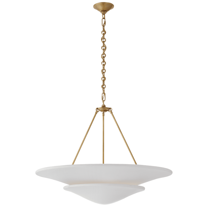 Mollino Large Tiered Chandelier in Hand-Rubbed Antique Brass with Plaster White Shade