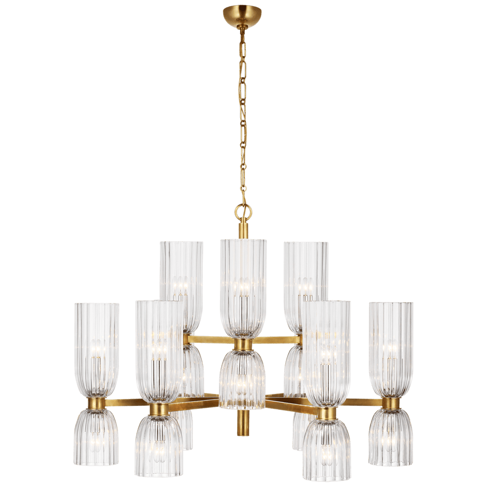 Asalea Medium Two-Tier Chandelier in Hand-Rubbed Antique Brass with Clear Glass