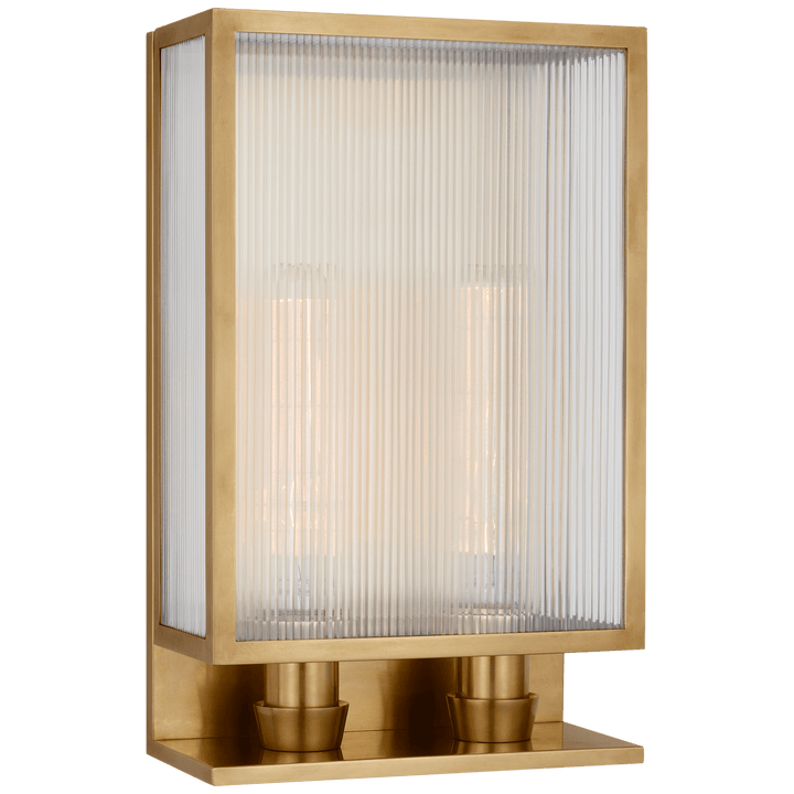 York 16" Double Box Sconce in Soft Brass with Clear Ribbed Glass