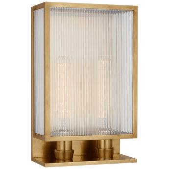 York 16" Double Box Sconce in Soft Brass with Clear Ribbed Glass