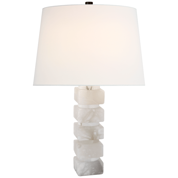 Square Chunky Stacked Table Lamp in Alabaster with Linen Shade