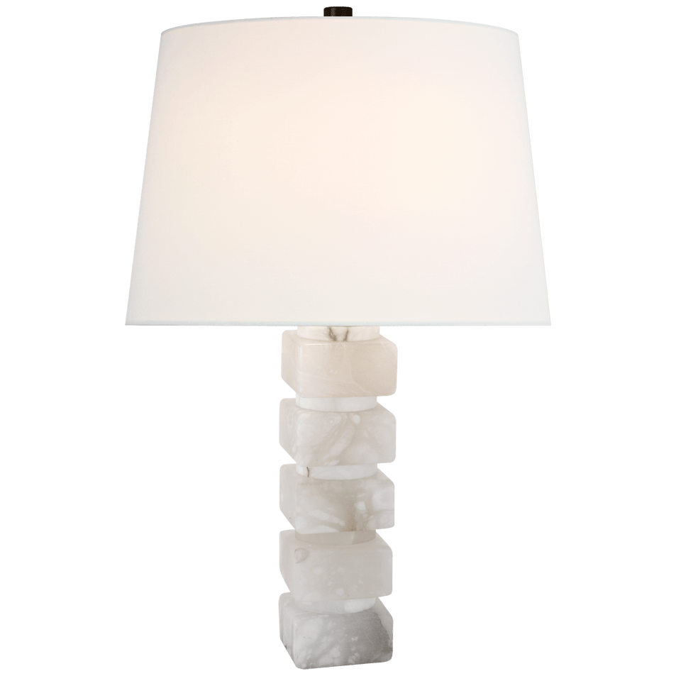 Square Chunky Stacked Table Lamp in Alabaster with Linen Shade