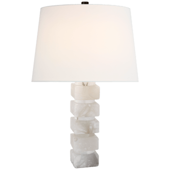 Square Chunky Stacked Table Lamp in Alabaster with Linen Shade