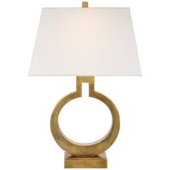 Ring Form Small Table Lamp in Antique-Burnished Brass with Linen Shade