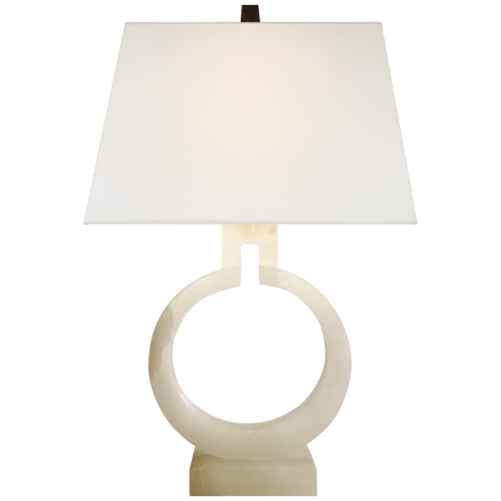 Ring Form Small Table Lamp in Alabaster with Linen Shade