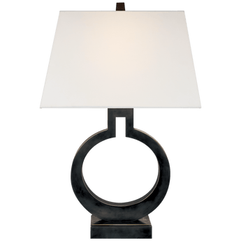 Ring Form Small Table Lamp in Bronze with Linen Shade