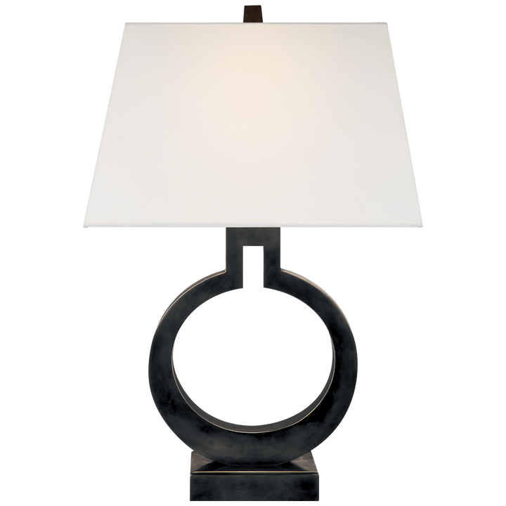 Ring Form Small Table Lamp in Bronze with Linen Shade