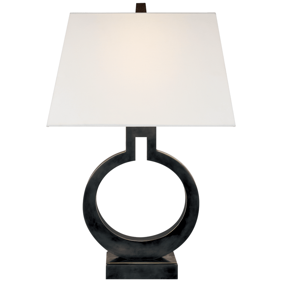 Ring Form Small Table Lamp in Bronze with Linen Shade