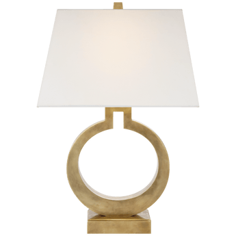 Ring Form Large Table Lamp in Antique-Burnished Brass with Linen Shade