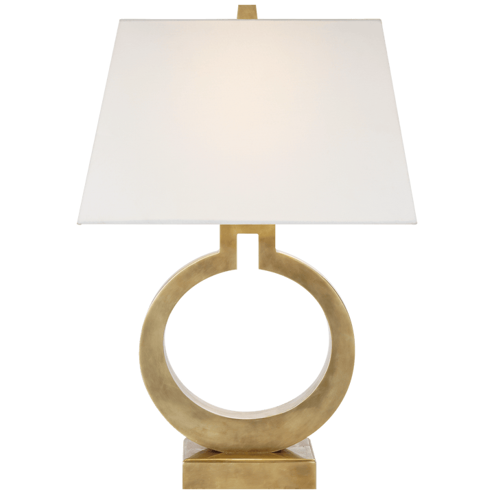 Ring Form Large Table Lamp in Antique-Burnished Brass with Linen Shade