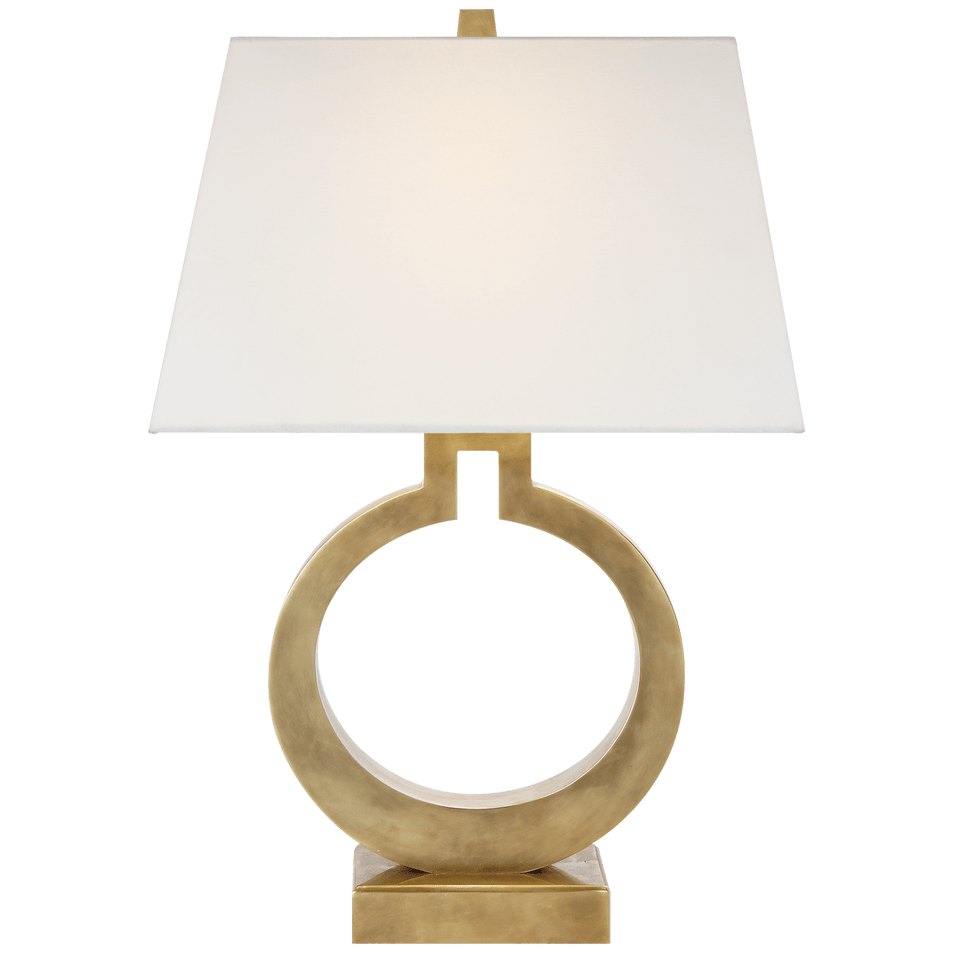 Ring Form Large Table Lamp in Antique-Burnished Brass with Linen Shade