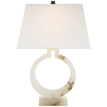 Ring Form Large Table Lamp in Alabaster with Linen Shade