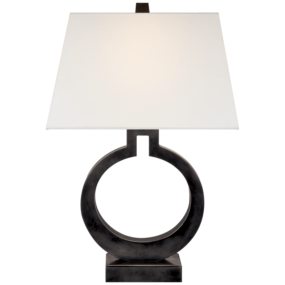 Ring Form Large Table Lamp in Bronze with Linen Shade