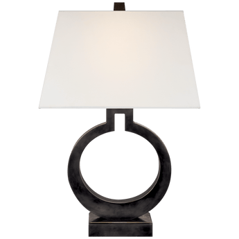 Ring Form Large Table Lamp in Bronze with Linen Shade