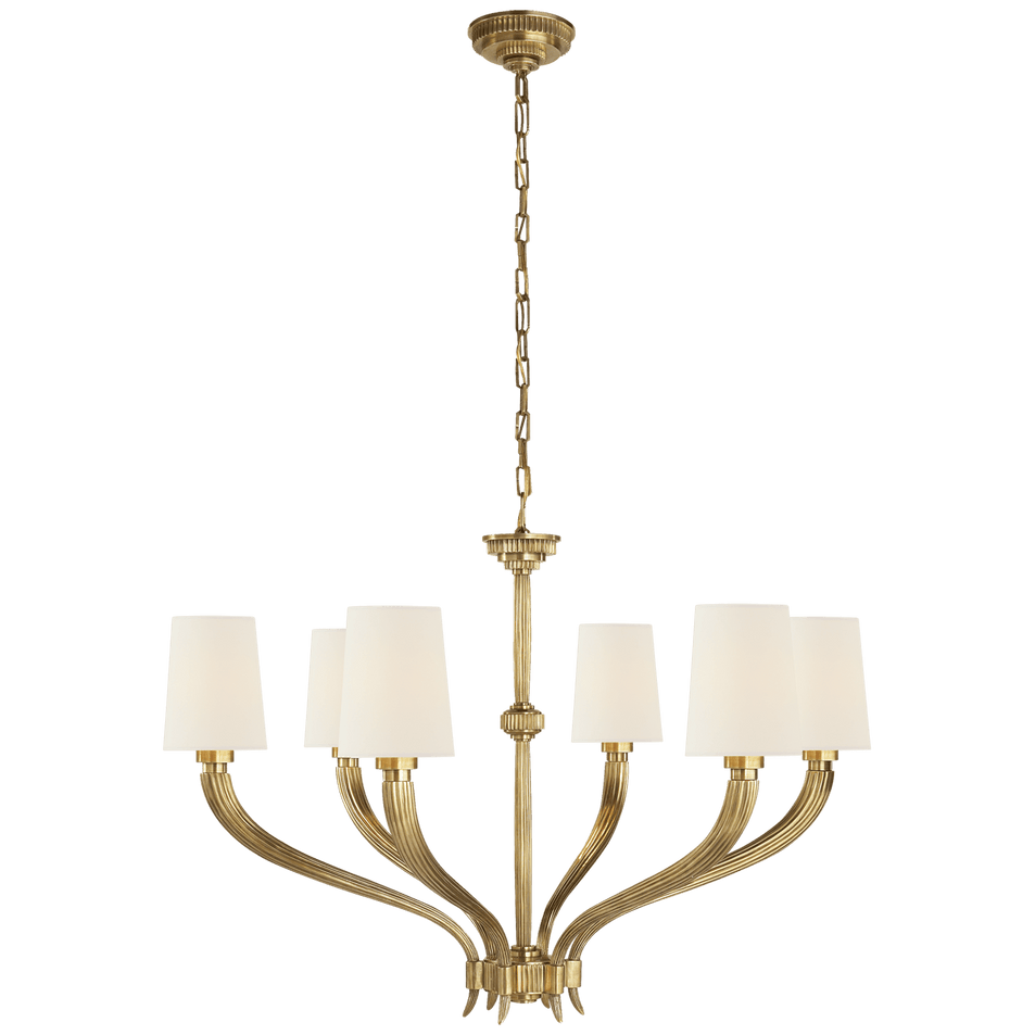 Ruhlmann Large Chandelier in Antique-Burnished Brass with Linen Shades