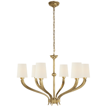 Ruhlmann Large Chandelier in Antique-Burnished Brass with Linen Shades