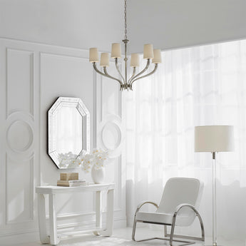 Ruhlmann Large Chandelier in Antique-Burnished Brass with Linen Shades