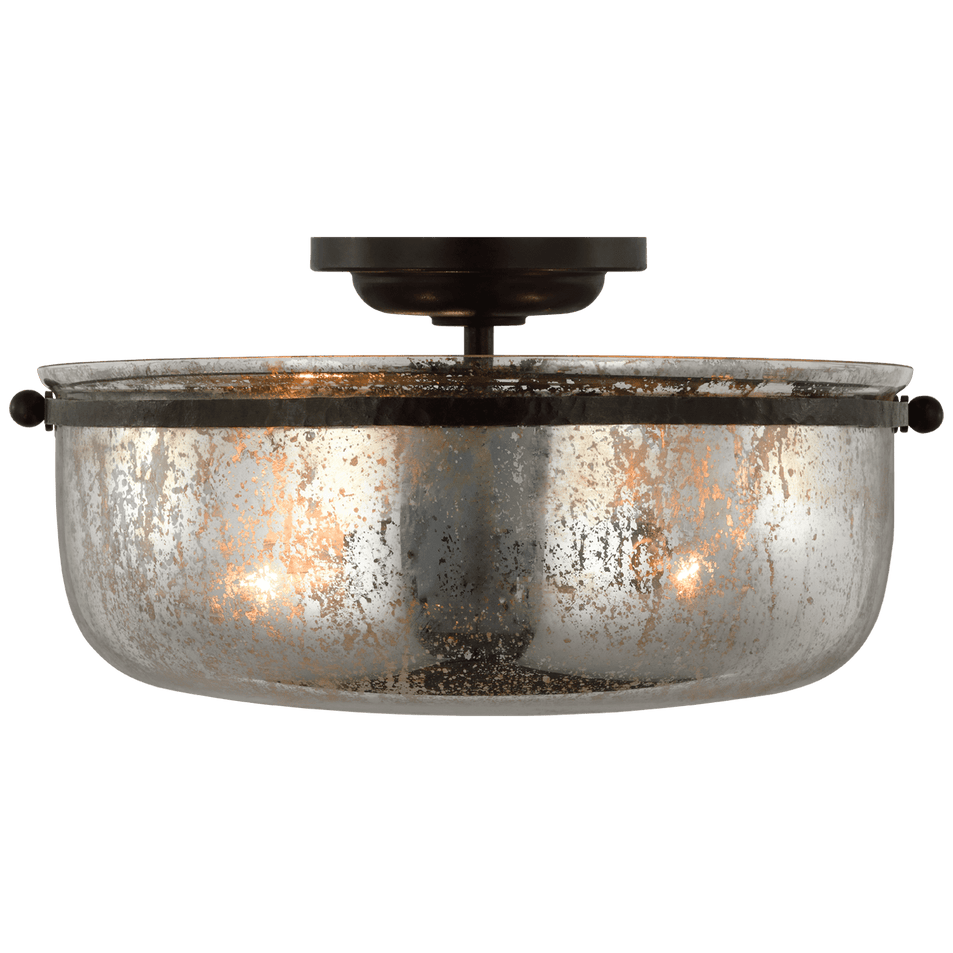 Lorford Medium Semi-Flush in Aged Iron with Antique Mercury Glass