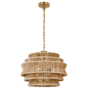 Antigua Small Drum Chandelier in Antique-Burnished Brass and Natural Abaca