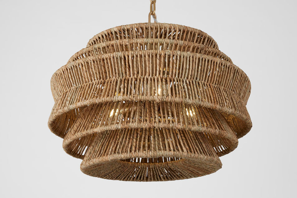 Antigua Small Drum Chandelier in Antique-Burnished Brass and Natural Abaca