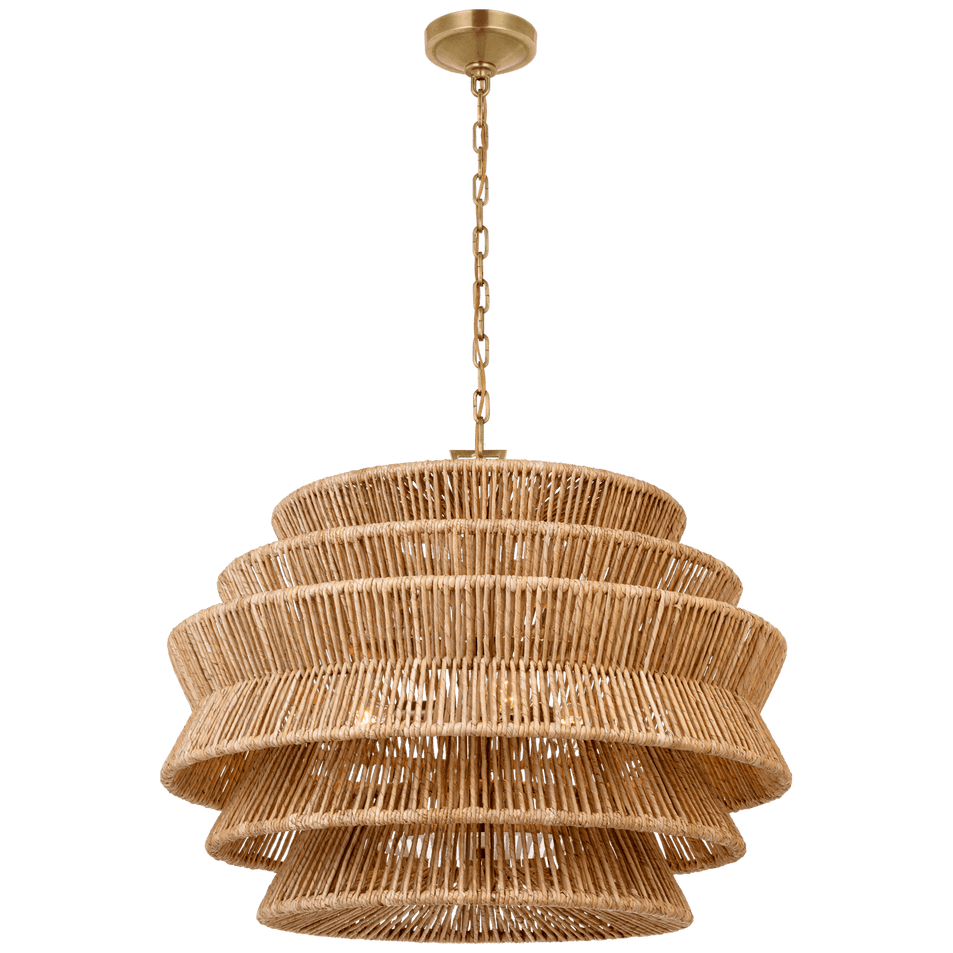 Antigua Medium Drum Chandelier in Antique-Burnished Brass and Natural Abaca