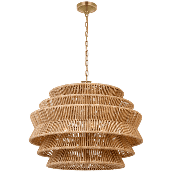 Antigua Medium Drum Chandelier in Antique-Burnished Brass and Natural Abaca