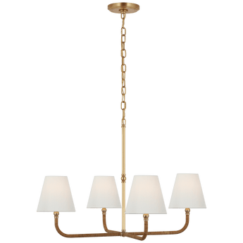 Basden Medium Single Tier Chandelier in Antique-Burnished Brass and Natural Rattan with Linen Shades