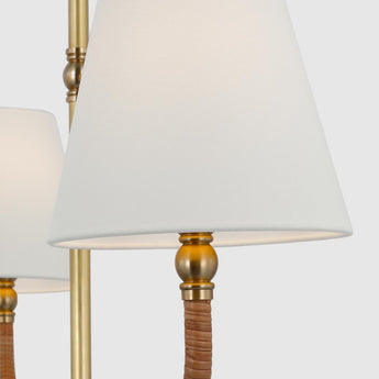 Basden Medium Single Tier Chandelier in Antique-Burnished Brass and Natural Rattan with Linen Shades