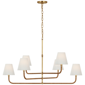 Basden Extra Large Three Tier Chandelier in Antique-Burnished Brass and Natural Rattan with Linen Shades