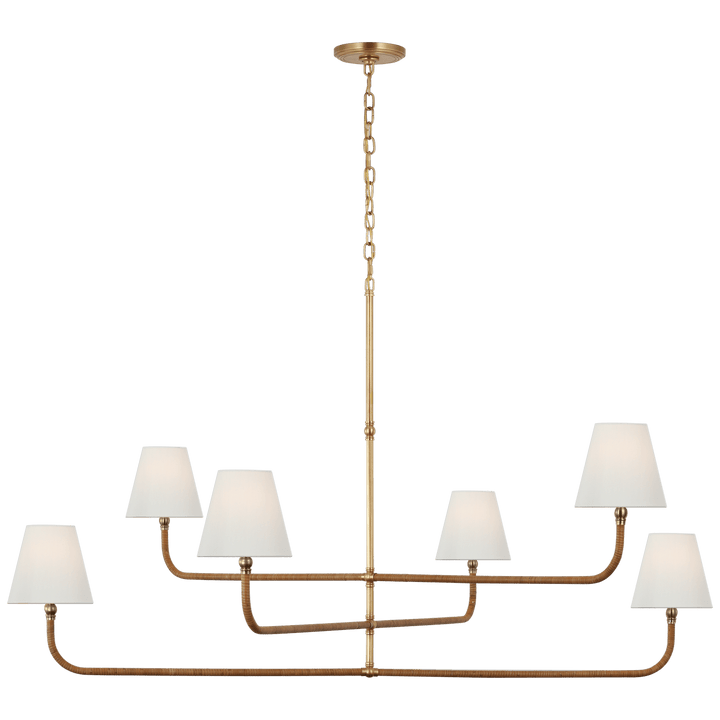 Basden Grande Three Tier Chandelier in Antique-Burnished Brass and Natural Rattan with Linen Shades