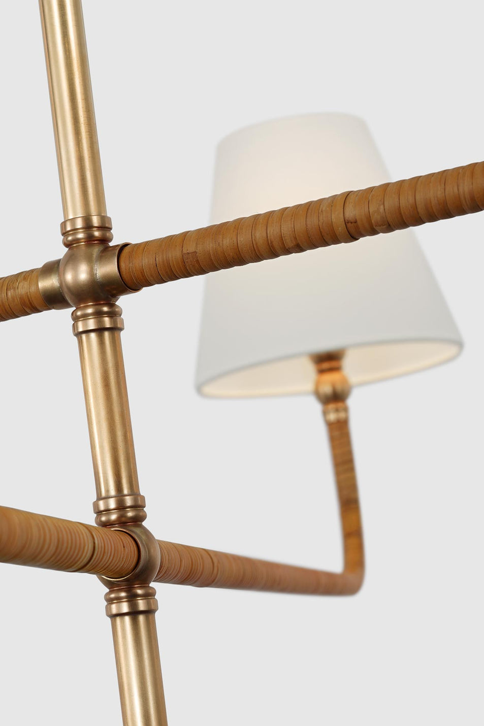 Basden Grande Three Tier Chandelier in Antique-Burnished Brass and Natural Rattan with Linen Shades