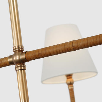 Basden Grande Three Tier Chandelier in Antique-Burnished Brass and Natural Rattan with Linen Shades