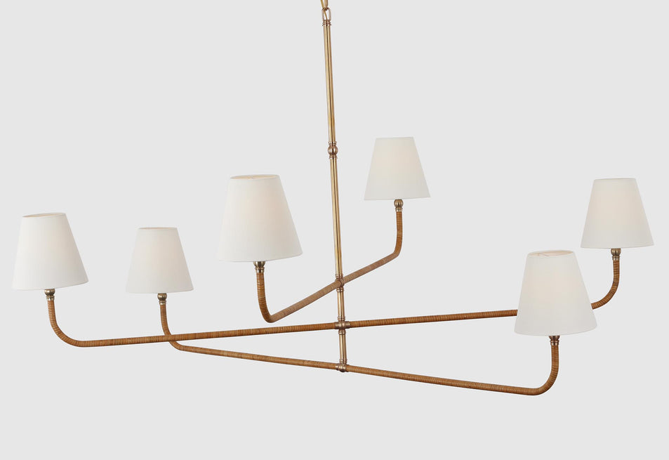 Basden Grande Three Tier Chandelier in Antique-Burnished Brass and Natural Rattan with Linen Shades