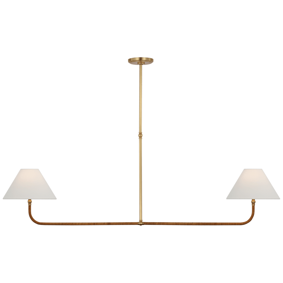 Basden Extra Large Linear Chandelier in Antique-Burnished Brass and Natural Rattan with Linen Shades