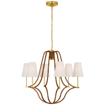 Biscayne Large Wrapped Chandelier in Antique-Burnished Brass and Natural Rattan with Linen Shades