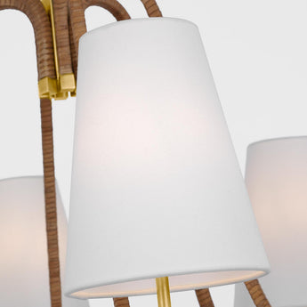 Biscayne Large Wrapped Chandelier in Antique-Burnished Brass and Natural Rattan with Linen Shades