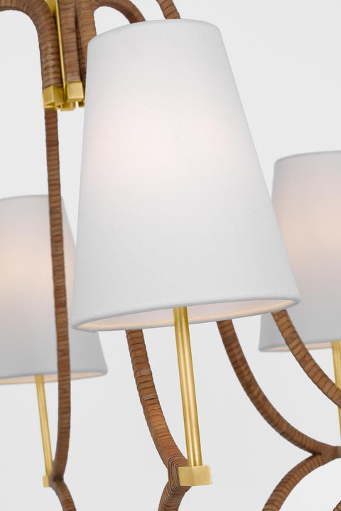 Biscayne Large Wrapped Chandelier in Antique-Burnished Brass and Natural Rattan with Linen Shades