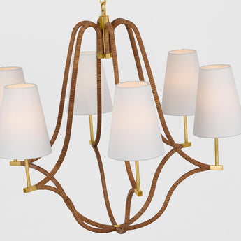 Biscayne Large Wrapped Chandelier in Antique-Burnished Brass and Natural Rattan with Linen Shades