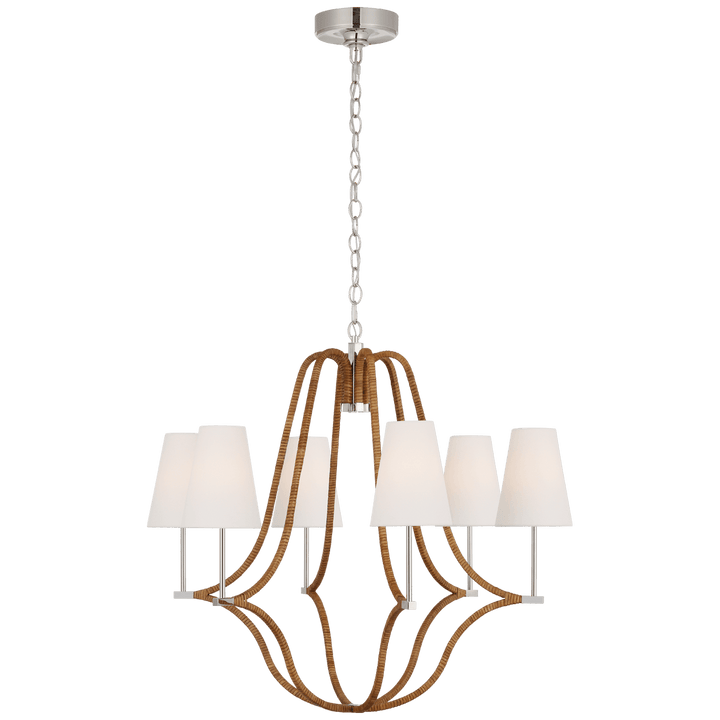 Biscayne Large Wrapped Chandelier in Polished Nickel and Natural Rattan with Linen Shades