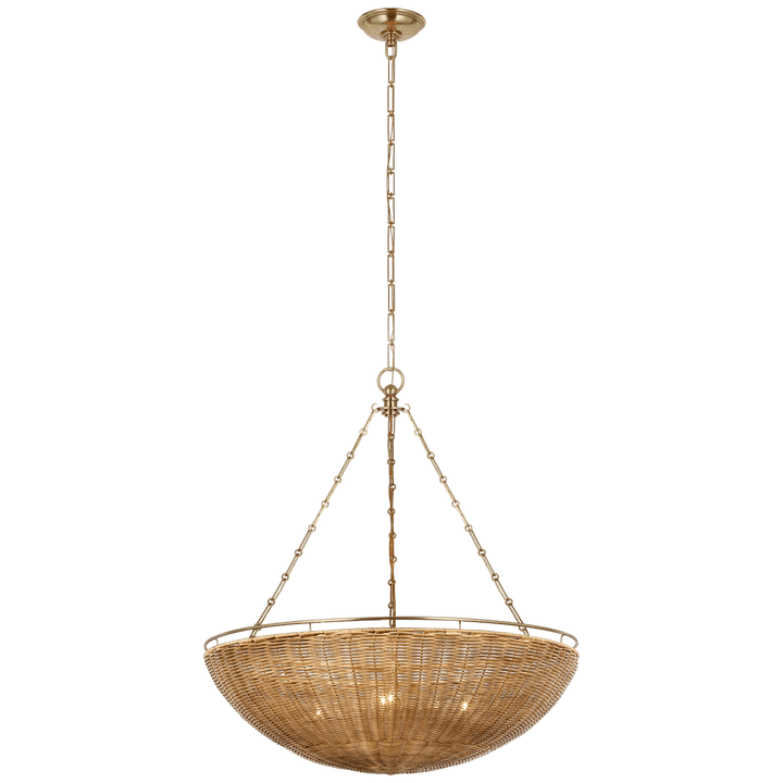 Clovis Medium Chandelier in Antique-Burnished Brass and Natural Wicker
