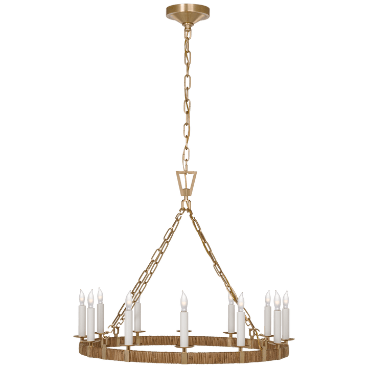 Darlana Medium Wrapped Ring Chandelier in Antique-Burnished Brass and Natural Rattan