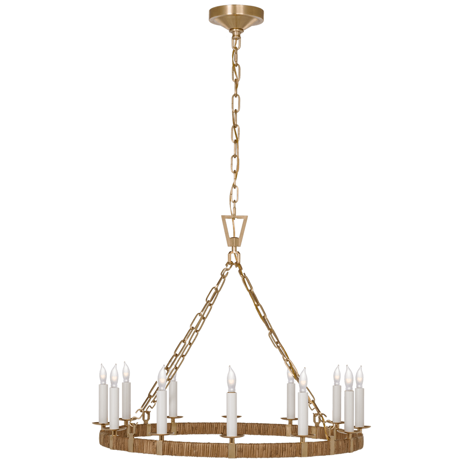 Darlana Medium Wrapped Ring Chandelier in Antique-Burnished Brass and Natural Rattan