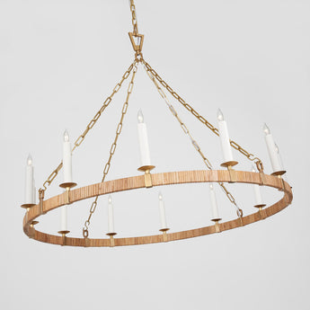 Darlana Large Wrapped Ring Chandelier in Antique-Burnished Brass and Natural Rattan