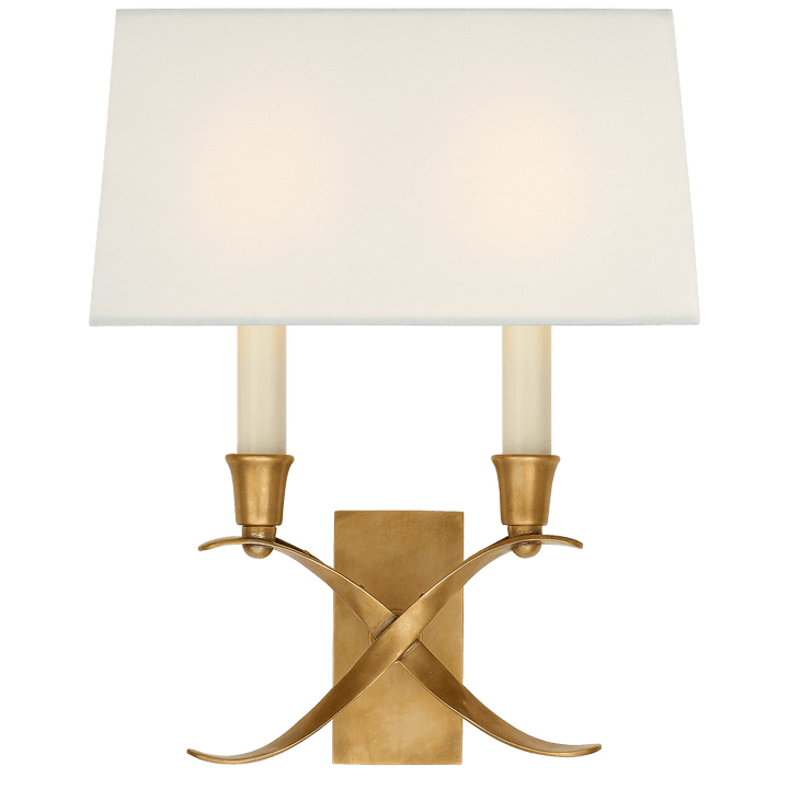Cross Bouillotte Small Sconce in Antique-Burnished Brass with Linen Shade